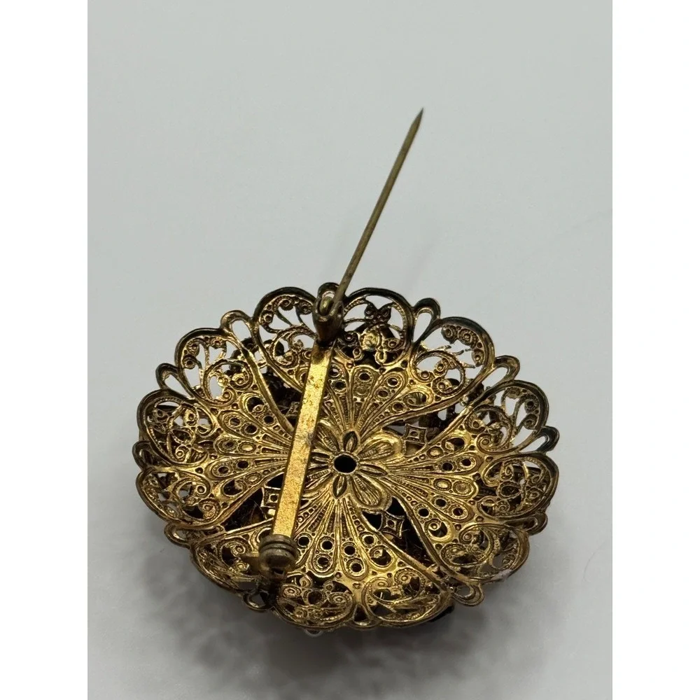 Vintage West Germany Cameo Brooch AB Rhinestone Faux‎ Pearl Filigree Brooch